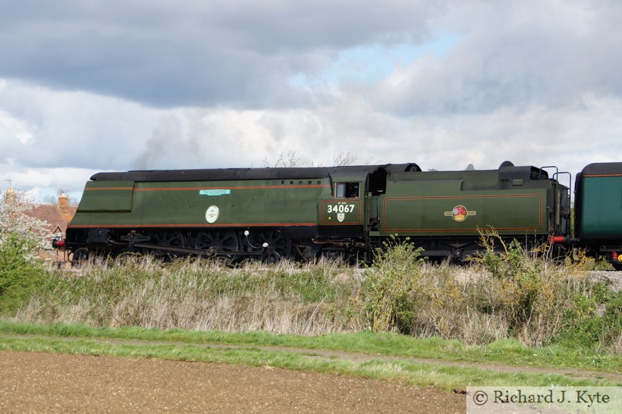 SR "Battle of Britain" class no 34067 "Tangmere" departs Evesham with the "Welsh Borders" tour