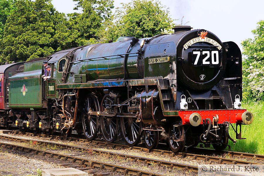 BR Class 7MT Britannia class no. 70013 Oliver Cromwell departs Toddington, Gloucestershire Warwickshire Railway