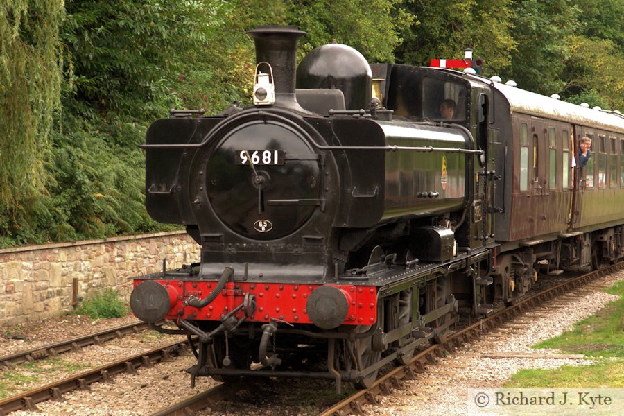 GWR 8750 class no. 9681 arrives at Parkend, Dean Forest Railway
