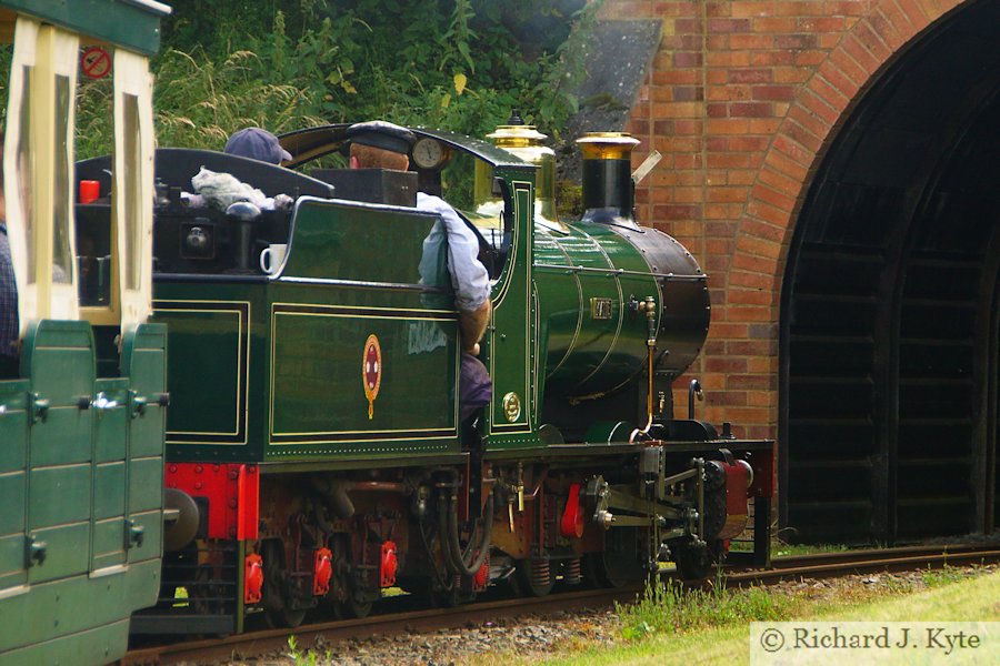 Kirklees Light Railway "Katie" enters the line's tunnel, Evesham Vale Light Railway Gala 2019