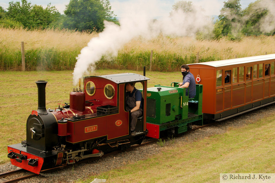 "Ruby" pilots "Sludge", heading for Country Park Halt, Evesham Vale Light Railway Heritage Transport Gala 2021