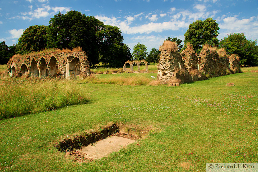 Looking southwest into the cloister from the nave, Hailes Abbey, Gloucestershire