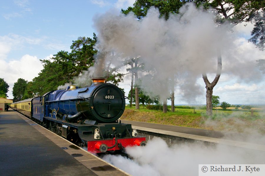 GWR King Class no. 6023 King Edward II prepares to depart Cheltenham Racecourse Station, Gloucestershire Warwickshire Railway