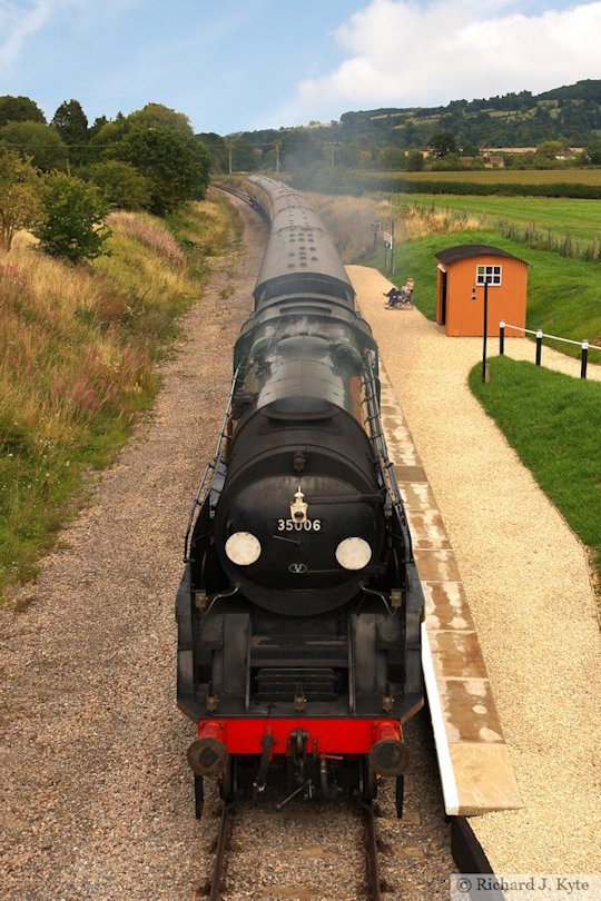 SR Merchant Navy Class no 35006 Peninsular & Oriental S. N. Co passes the new Hayles Abbey Halt, Gloucestershire Warwickshire Railway 