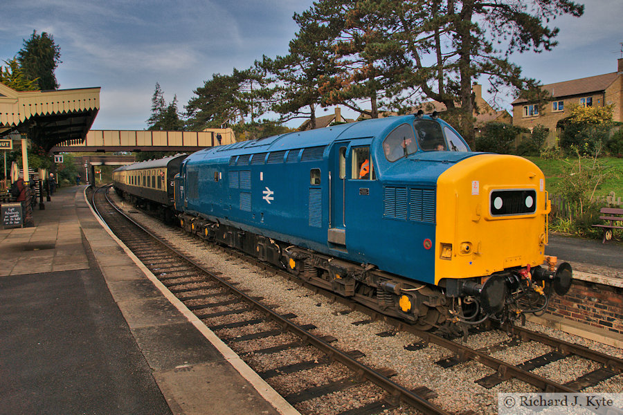 Class 37 Diesel no. 37215 arrives at Winchcombe heading for Toddington, Gloucestershire Warwickshire Railway Autumn Showcase 2023