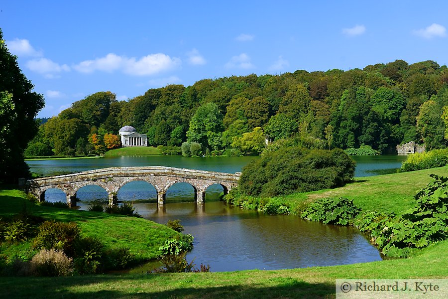 Looking across the lake towards the Pantheon and the Grotto, Stourhead, Wiltshire