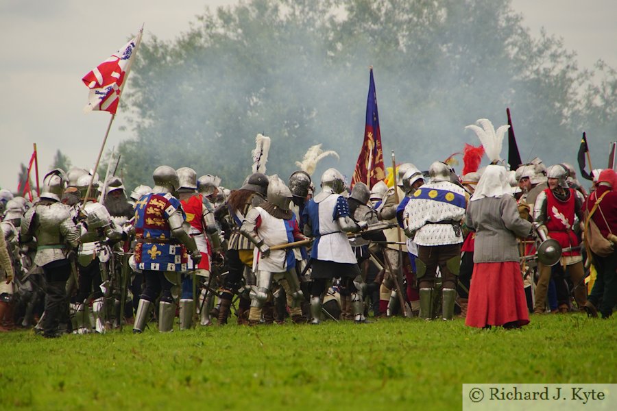 The armies engage, Battle re-enactment, Tewkesbury Medieval Festival 2019