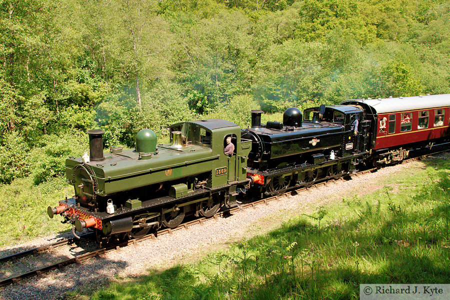 GWR 1366 Class no. 1369 pilots 8750 class no. 9681 at Upper Forge heading for Parkend, Dean Forest Railway Spring Steam Gala 