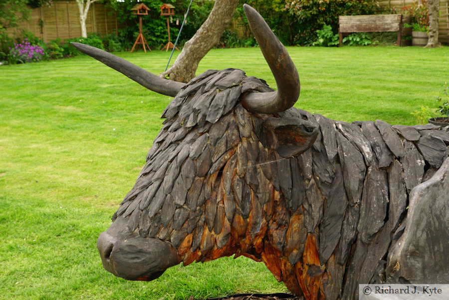 Cattle Sculpture Bench, Garden 2: "Thatched Cottage", Cropthorne Walkabout 2024