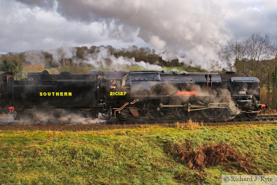 SR "West Country" class no. 21C127 (34027) "Taw Valley" departs Highley, Severn Valley Railway 