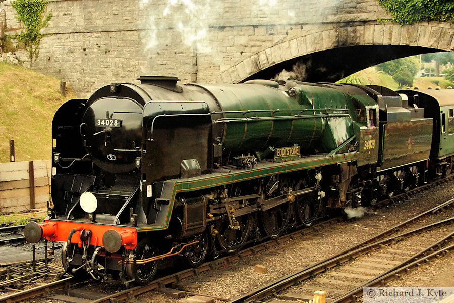 SR "West Country"  class no. 34028 "Eddystone" departs Swanage