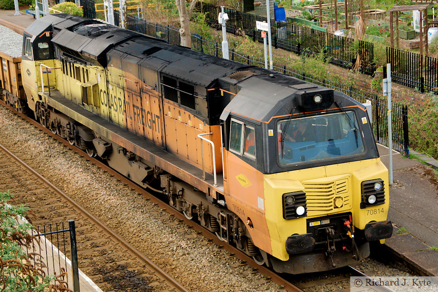 Colas Rail Freight Class 70 Diesel no. 70814 on a ballast train (Service 6C22), Evesham, Worcestershire