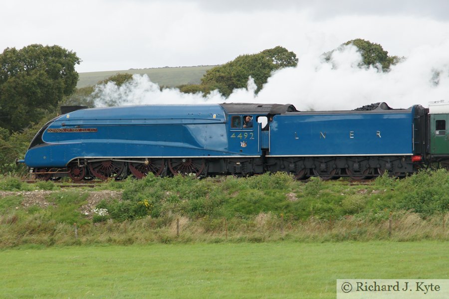 LNER A4 Class no. 4464 "Bittern" as 4492 "Dominion of New Zealand" departs Harmans Cross, Swanage Railway
