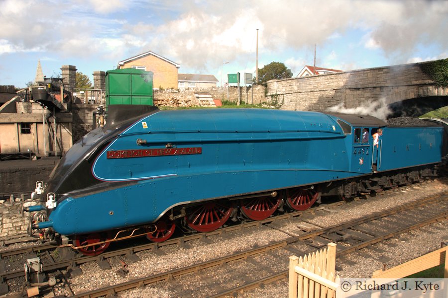 LNER A4 Class no. 4464 "Bittern" as 4492 "Dominion of New Zealand" departs Swanage Railway Station
